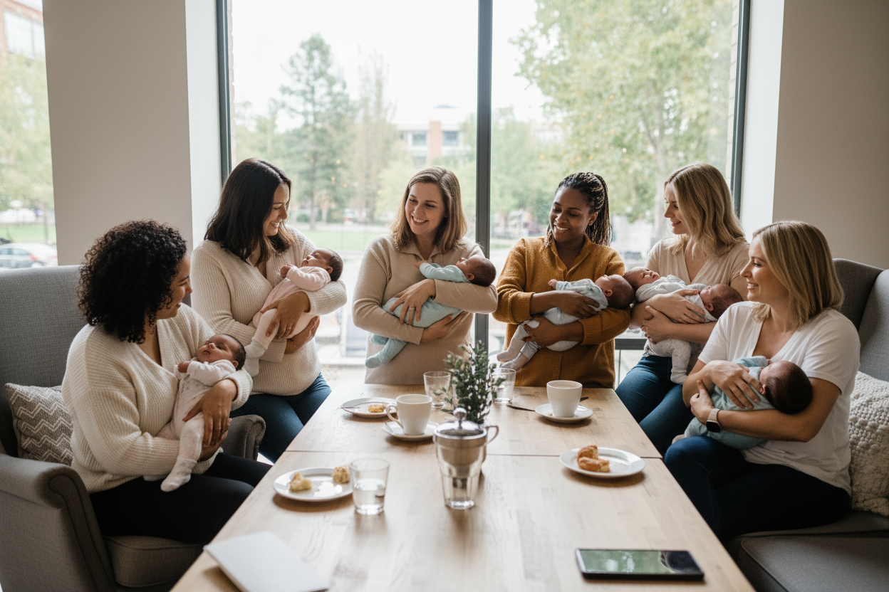 Gruppo di neo-mamme felici